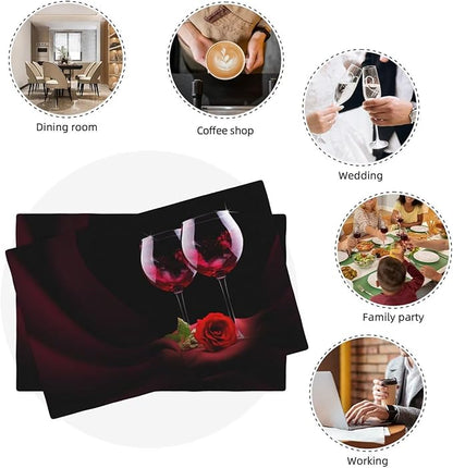 Red Wine Rose Linen Placemats Set of 6 Retro Romantic Rose Floral Art Placemat Indoor Outdoor Party Home Desktop Kitchen Dining Room Decoration 12x18 Inch