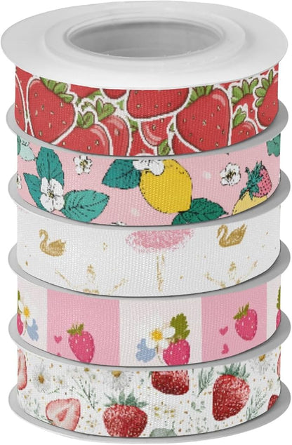 Red Strawberry Fabric Ribbon for Gift Wrapping Crafts Flower Bouquet Wedding Party Decorative Assorted Patterns 5 Yards×5 Rolls