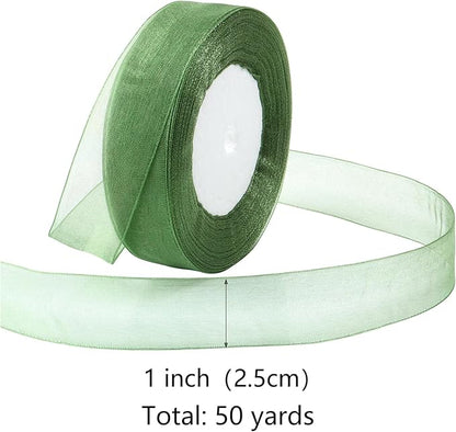 Sage Green Ribbon for Gift Wrapping 1 inch Sheer Organza Ribbon for Flower Bouquet Tulle Thin Chiffon Ribbons for Wedding Invitations Presents Decorations Crafts 50 Yards