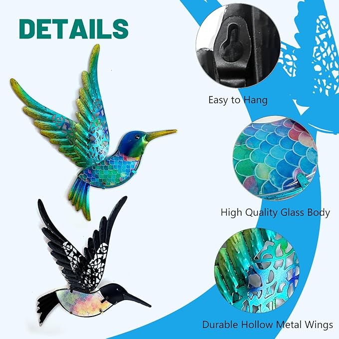 HONGLAND Metal Hummingbird Wall Art 12inch Metal Birds Wall Sculpture Garden Decoration Outdoor Statue Patio Fence Hanging Plaques 2 Pack（Multicolor）