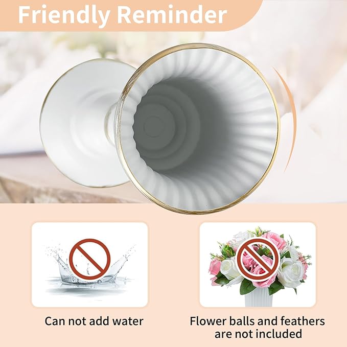 Nuptio 2 Pcs Flowered Metal Trumpet Vase Elegant Wedding Centerpieces Vase for Wedding Party Decoration, 23.2cm Tall Artificial Flower Arrangements for Anniversary Ceremony, White