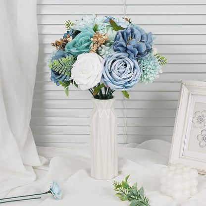 Artificial Flowers Combo Box Set Green Blue Bouquet Flowers for Wedding Centerpieces Arrangements Bridal Shower Party Decorations Fake Floral for Home