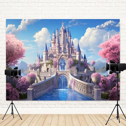 10x6.5ft Princess Castle Backdrop Pink Floral Blue Sky Photography Background White Cloud Forest Mountain Girls Birthday Baby Shower Banner Decorations Wedding Party Portrait Photo Booth Prop