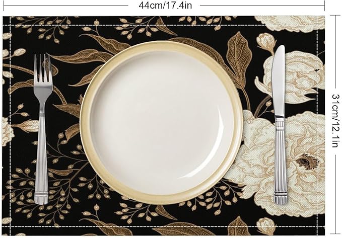 Black Gold Floral Placemats Set of 6, 17x12 Inch Abstract Vintage Rustic Flower Botanical Aesthetic Art Print Table Mats for Home Party Kitchen Dining Decor