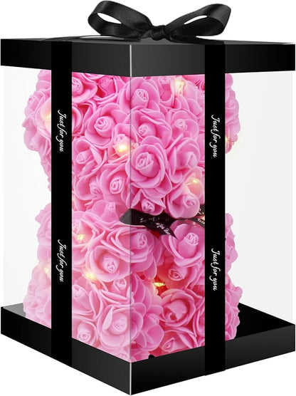 Otlonpe Cute Bear Rose Flower with Light | Women Gifts & Indoor Table Decorations for Christmas, Valentines, Mothers Day, Birthday, Anniversary | Handmade Gifts for Women Mom Wife Girlfriend (Pink)