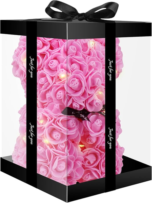 Otlonpe Cute Bear Rose Flower with Light | Women Gifts & Indoor Table Decorations for Christmas, Valentines, Mothers Day, Birthday, Anniversary | Handmade Gifts for Women Mom Wife Girlfriend (Pink)