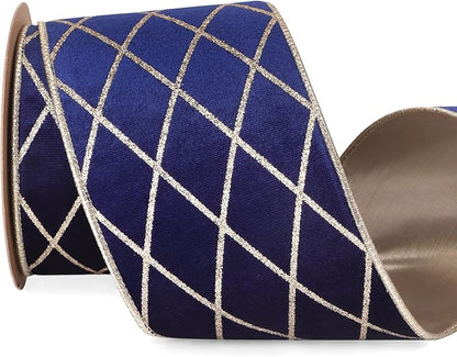 Ribbli Navy Blue Velvet Ribbon Wired with Glitter Diamond Grid 4 Inch Christmas Ribbon for Christmas Tree Decoration Big Bow Gift Wrapping Crafts Wreaths Garland Supplies - 10 Yards