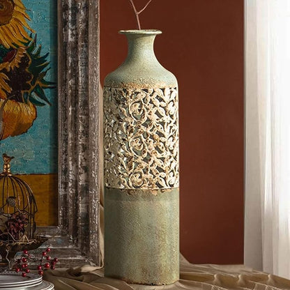 20.3″ Tall Metal Floor Vase – French Country Green & White Geometric Iron Cylinder Decorative Vase for Living Room • Entryway • Hallway (Rustic Romantic Accent & Dried/Faux Flowers)