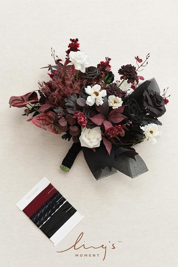 Ling's moment Black and Burgundy Wedding Bouquets for Bride, Gothic Bridal Bouquets for Bride, 15 Inch Free Form Artificial Wedding Flower Bouquet