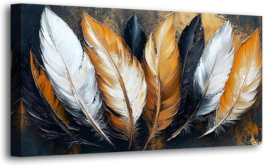 Abstraction Pictures Canvas Wall Art for Living room Office Bedroom Wall Decor,Feather Wall Art Print Paintings Modern Autumn White Yellow Feather Artwork Waterproof Ready to Hang-20x40inch