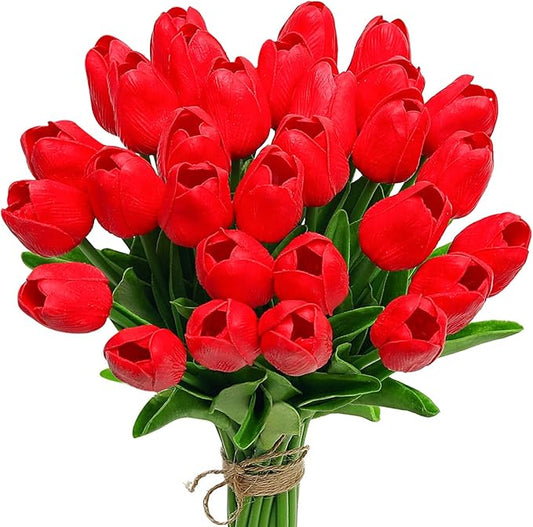 30 Pcs Fake Latex Tulips Artificial Flowers Faux Tulip Stems Real Touch Tulips for Wedding Party Home Decoration (Red)