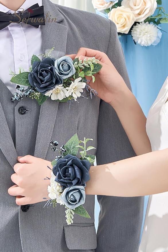 Serwalin Dusty Blue Corsage and Boutonniere Set 2pcs, 6-7inch Boutonniere and Wrist Corsage Wristband Prom Flower Wedding Flowers Accessories Prom Suit Decorations Cake Tppper