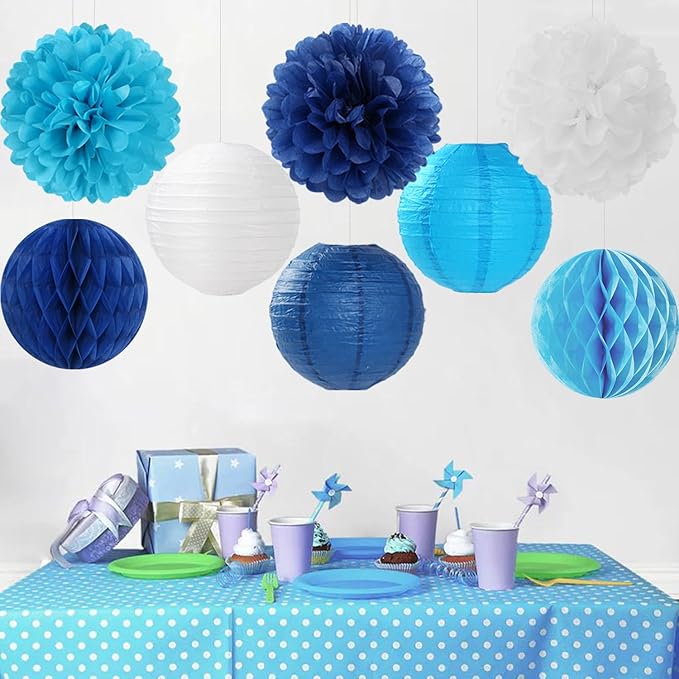 Blue Paper Flowers Tissue Pom Poms Honeycomb Lanterns 15pcs Light Royal Navy Party Decorations Boy Birthday Ocean Wedding Baby Bridal Shower Bachelorette Graduation Hanging Supplies Mprocherify