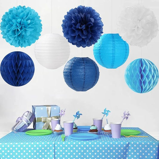 Blue Paper Flowers Tissue Pom Poms Honeycomb Lanterns 15pcs Light Royal Navy Party Decorations Boy Birthday Ocean Wedding Baby Bridal Shower Bachelorette Graduation Hanging Supplies Mprocherify