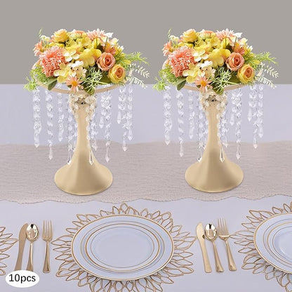 10 Pcs Glam Crystal Flower Stands, Wedding Reception Decorations with Sparkling Crystal Beads Table Center Display Flower Arrangement Flower Stand Metal Vase for Event Decor (Gold, Height:10.23in)