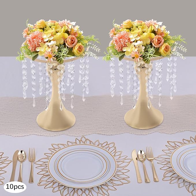 Flower Stand Vase, 10 Pcs Glam Crystal Wedding Reception Decorations with Sparkling Beads Table Center Display Flower Arrangement Flower Stand Metal Vase for Event Party Decor (Gold, H:10.23in)