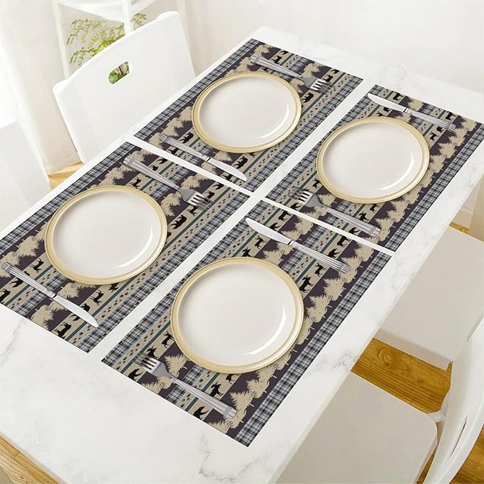 Rustic Deer Placemats Set of 4,Wild Bear Deer Paw Print Decor Kitchen Mats for Pattern Rustic Farmhouse Style Place Mats for Dining Table 12x18 Inch 4 PCS