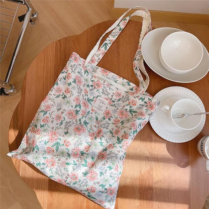 Cotton Canvas Tote Bag Reusable Soft Grocery Cloth Bag Floral Shoulder Bag for Beach Travel Shopping