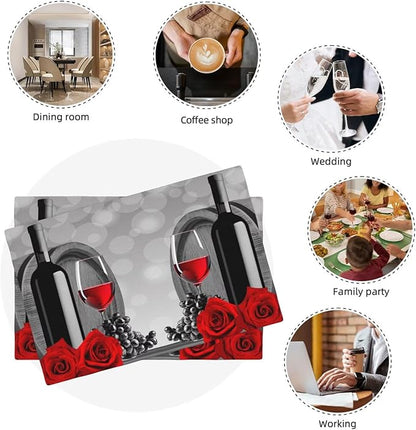 Wine Linen Table Placemats Set of 4 Red Rose Wine Barrel Print Placemat Indoor Outdoor Party Home Desktop Kitchen Dining Room Decoration 12x18 Inch