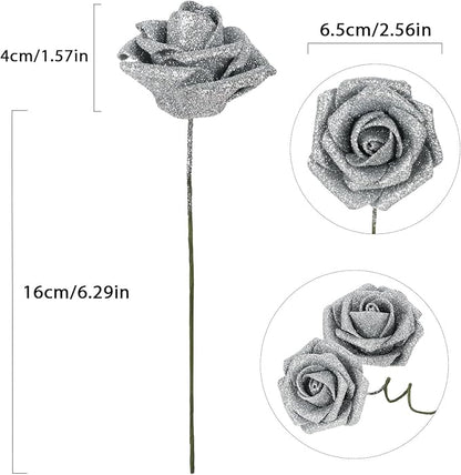 Glitter Silver Roses Artificial Flowers 30pcs Silver Flowers Artificial Roses with Stems Glitter Roses for Wedding Corsage Floral Bridal Shower Centerpieces Table Decor