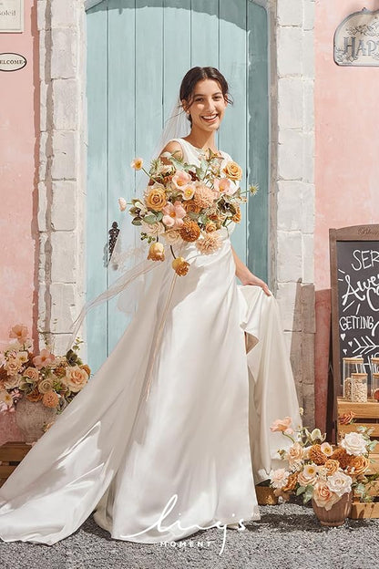 Ling's moment Peach Wedding Bouquets for Bride, Apricot Bridal Bouquets for Bride,15 Inch Free Form Artificial Wedding Flower Bouquet