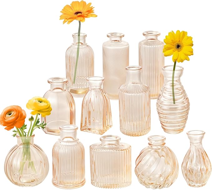 Champagne Bud Vases Set of 12 Amber Glass Vase for Decor Centerpieces, Small Ribbed Vases for Flowers Stripe Modern Bud Vases in Bulk Vintage Vases for Floral Wedding Party Table Decoration Home Decor