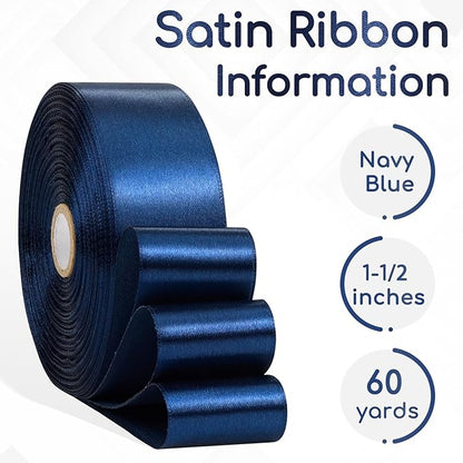 Navy Blue Ribbon 1-1/2 Inch x 60 Yards, Navy Satin Ribbon for Hair, Gift Wrapping, Flower Bouquet, Crafts, Baby Shower, Wedding and Festival Decor
