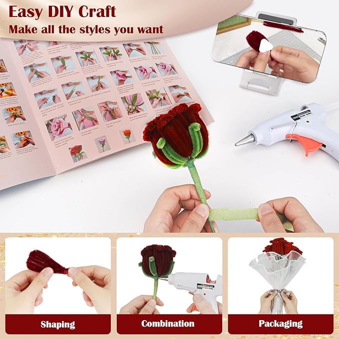 500 PCS Pipe Cleaners Craft Kit for Flower Making Rose DIY Material Bundle with 20 Stems, 100 Stamens, Ribbon, Tulle, Glue Sticks & Step-by-Step Guide - Vibrant Colors, Non-Shedding, Fade-Resistan