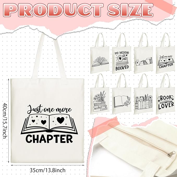 Sweetude 8 Pcs Christmas Book Lovers Club Gifts Bulk Canvas Tote Bags Bookish Librarian Reader Gift for Women Teacher Present(Basic Style)