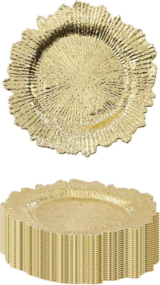 24 Pcs Gold Charger Plates Bulk, 13" Reef Plate Chargers for Dinner, Round Plastic Floral Table Charger Plates for Table Setting, Wedding, Christmas, Party, Event, Decoration