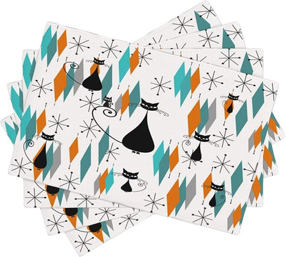 Mid Century Placemats, Modern Minimalist Art Abstract Geometric Atomic Star Explosion Black Cat Print Washable Fabric Placemats Table Kitchen Dining Party 12x18 Inch Set of 6
