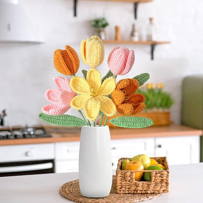 Dremisland Crochet Flowers 6PCS Crochet Tulips Finished Handmade Knitted Flowers Crocheted Bouquets Pastel Floral Gift for Mothers Girls Friends Teacher Gifts for Women,Graduation Flower Home Decor