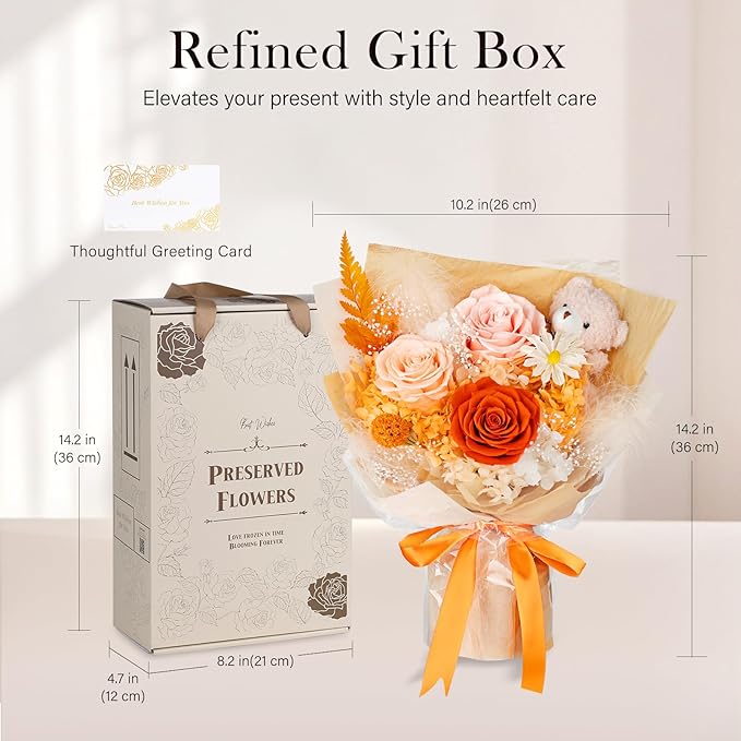 Preserved Flowers Bouquet with Bear, 3 Real Forever Flowers for Delivery, Long-Lasting Orange Eteranl Roses Bouquet Birthday Gifts for Women, Mother, Wife, Her