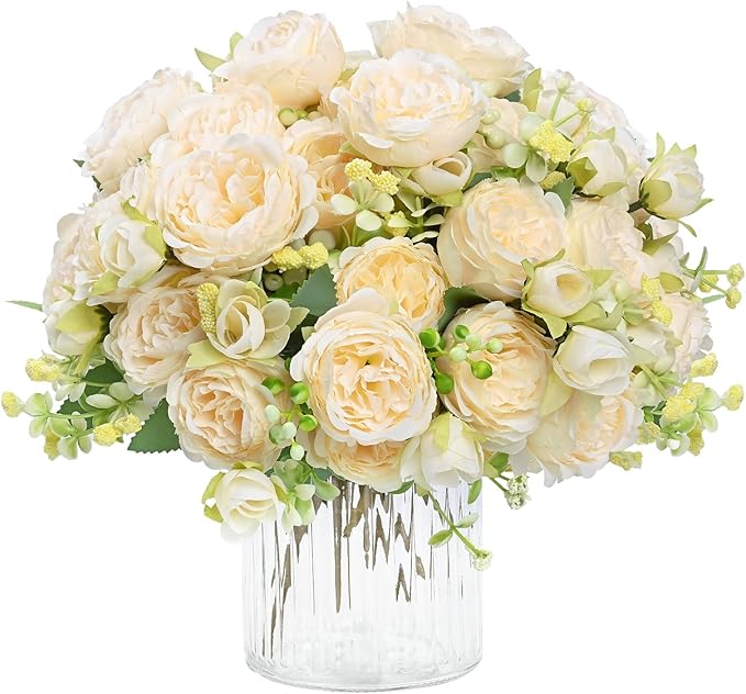 MARTINE MALL 8 Packs Peonies Artificial Flowers, Champagne Artificial Peonies, Silk Peonies Flowers Fake Peonies Artificial Flowers Peonies Bouquet for Centerpiece Table Wedding Party Home Decor