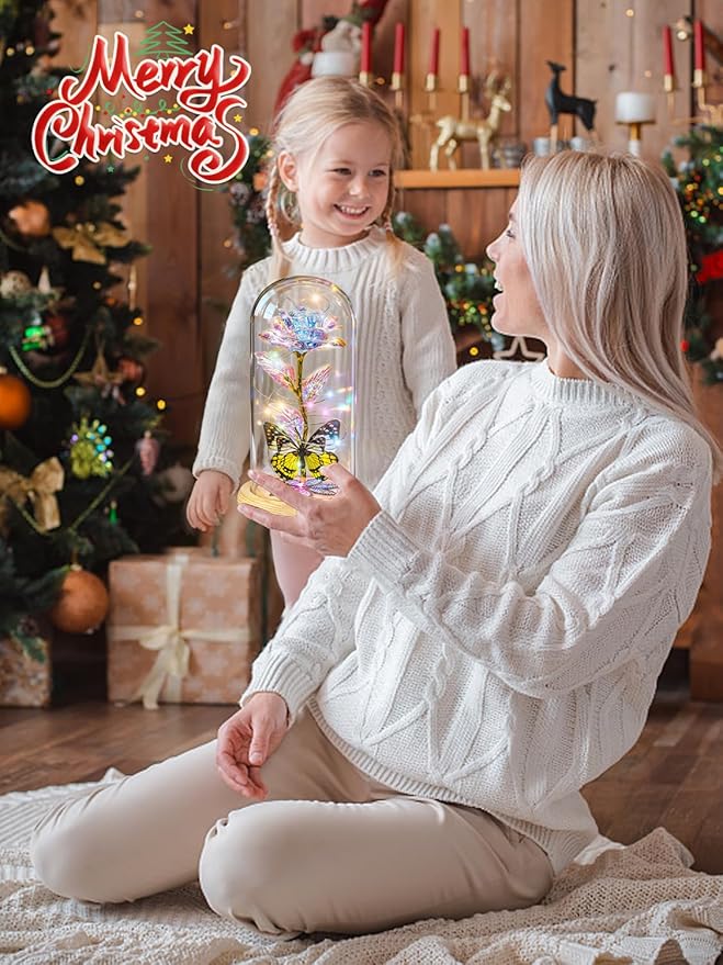 Beferr Christmas Rose Gifts for Women Mom Birthday Gifts, Galaxy Glass Rose Forever Preserved Flowers for Delivery Prime Light Up Rose in Glass Dome with Butterfly Xmas Gifts for Grandma Her Wife