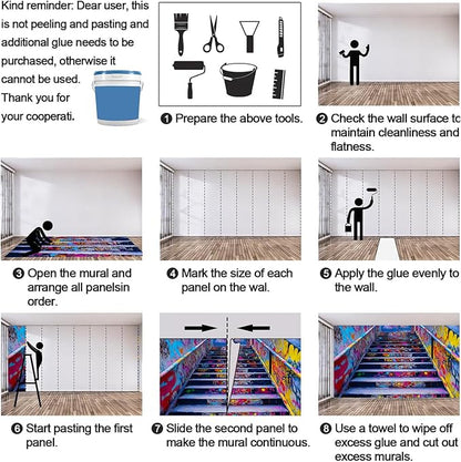 Graffiti Staircase Wall Mural, Urban Street Art 3D Wall Murals, Modern Hip-Hop Colorful Graffiti Steps Wallpaper Mural, for Living Room Bedroom Large Wallpaper Indoor Decor 197" W x124.8 H