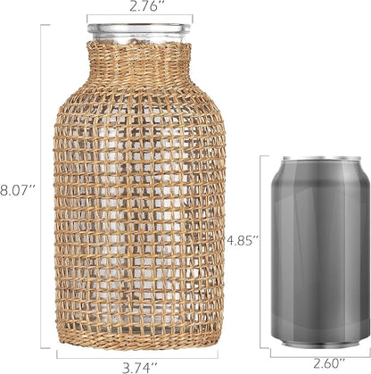 WHJY Boho Glass Vase, Rattan Vase, Farmhouse Rattan Décor, Round Flower Vase Basket Vase for Floral Arrangements -8 inch