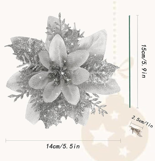 24 PCS Poinsettia Flower Artificial Silver Christmas Flowers Artificial 5.5'' Glitter Poinsettias Artificial Christmas Tree Flower with Clips DIY Xmas Wreath Holiday New Year Home Party Decor
