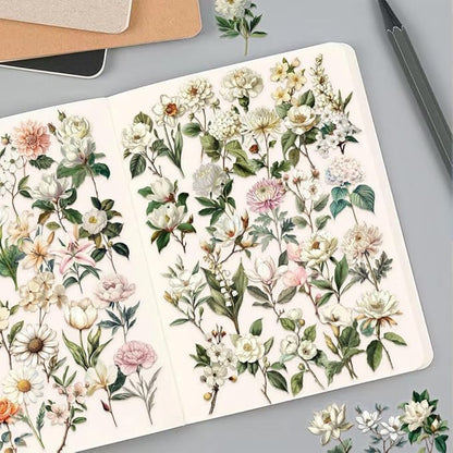 50 Pcs Vintage Flower Stickers,Waterproof PET Sticker Self-Aesthetic Floral Decoration for Journaling, Laptop, Guitar, Phone Case DIY Scrapbooking
