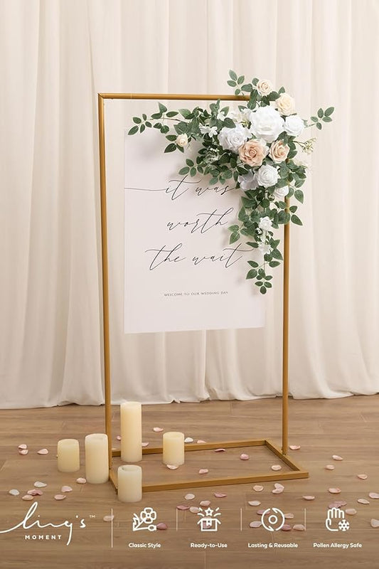 Ling's Moment Wedding Artificial Welcome Sign Flowers Swag Arch Floral Garland Decorations White & Sage for Ceremony Reception Entrance Entryway Party Banquets Easel Wall Home Outdoor(NOT Include Sign