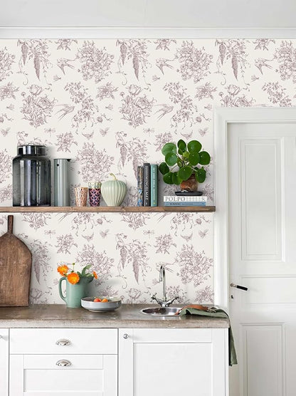Vintage Floral Peel and Stick Wallpaper Red Floral Contact Paper 16.9"x118.1" Cream White and Red Flowers Bird Self Adhesive Wallpaper for Bathroom Waterproof Removable Wall Paper Cabinets Decorative