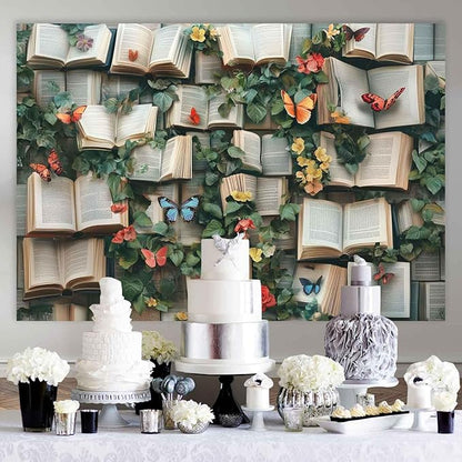 7x5ft Flowers Bookshelf Backdrop Vintage Bookshelf Backdrop for Photography Rustic Flower Party Background Adults Baby Shower Portrait Photo Studio Background Props KUBYW002