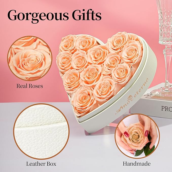 Flower, Forever Roses in A Box, Fresh Flowers, Birthday Gifts for Her, Women, Mom, Girlfriend, Wife, Grandma,Champagne Forever Roses