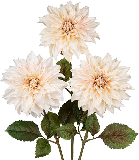 Hollyone 3Pcs White Artificial Dahlia Flowers Fall Fake Flower Silk Flowers with Long Stem 28" Floral Arrangements Bouquets Autumn Faux Dahlias Flowers for DIY Wedding Party Centerpieces Home Decor