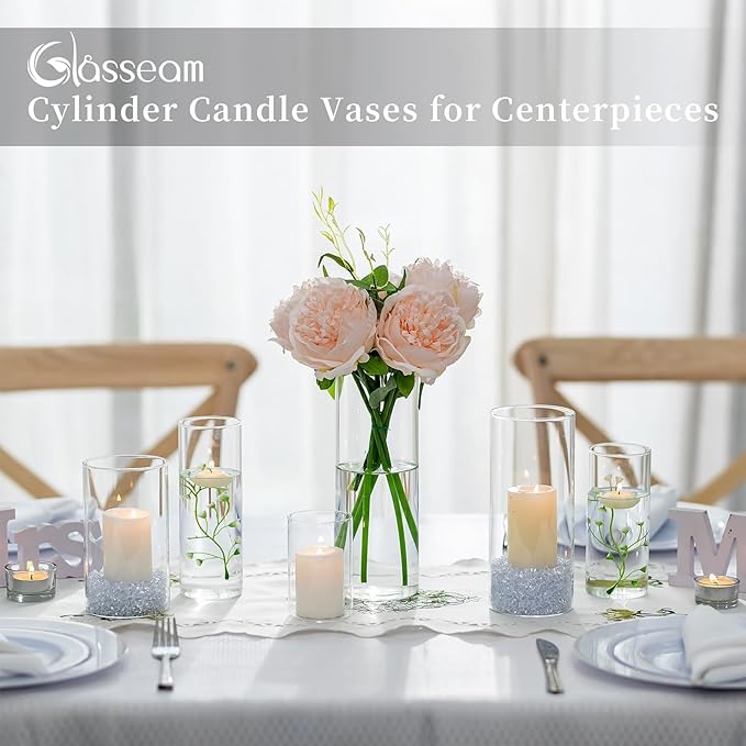 Glasseam Clear Glass Cylinder Vase, 6pcs Glass Vases for Centerpieces, Modern Floating Candle Vases for Flowers, Hurricane Vase Decor Candle Holders for Pillar Candles Wedding Decorations (4"/6"/8")