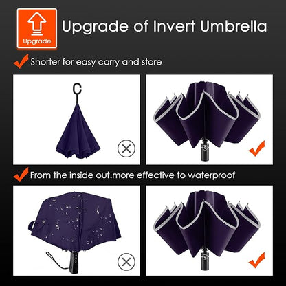 Bodyguard Inverted Umbrella - Large Windproof for Rain & Sun, Compact Reverse With Reflective Stripe, Teflon-Coated for Women Men, Travel Folding With Cover Bag