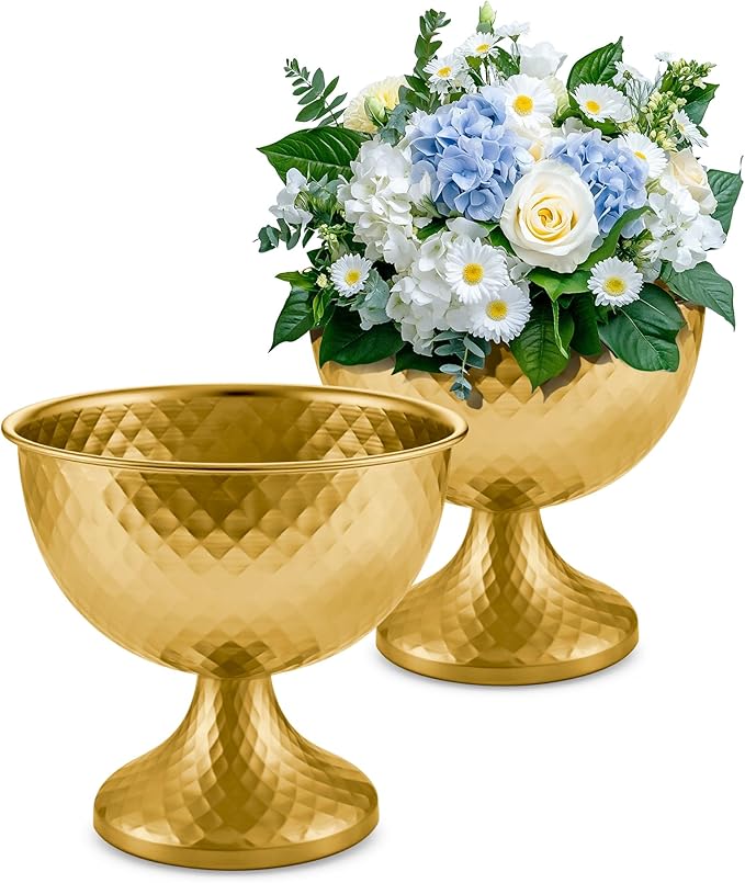 2 Pcs Distressed Gold Metal Compote Bowl Centerpieces for Tables,Urn Vases for Vintage Wedding Centerpieces,Elegant Compote Vases,Pedistal Vase for Christmas Anniversary Party (Gold)
