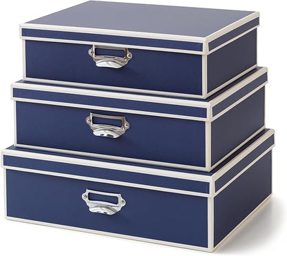 Soul & Lane Decorative Cardboard Storage Boxes with Lids and Label Holders - Set of 3, Memory Boxes for Keepsakes, Office Photo Storage for Pictures, Photo Albums, Documents, Stationery, Heritage Blue