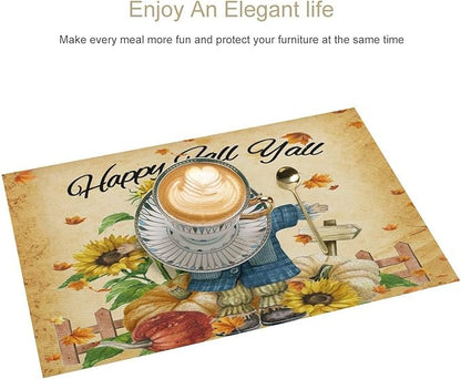 Autumn Scarecrow Placemats Farmhouse Rustic Vintage Brown Sunflower Pumpkin Flower Maple Thanksgiving Placemats Table Kitchen Dining Party 12x18 Inch Set of 6