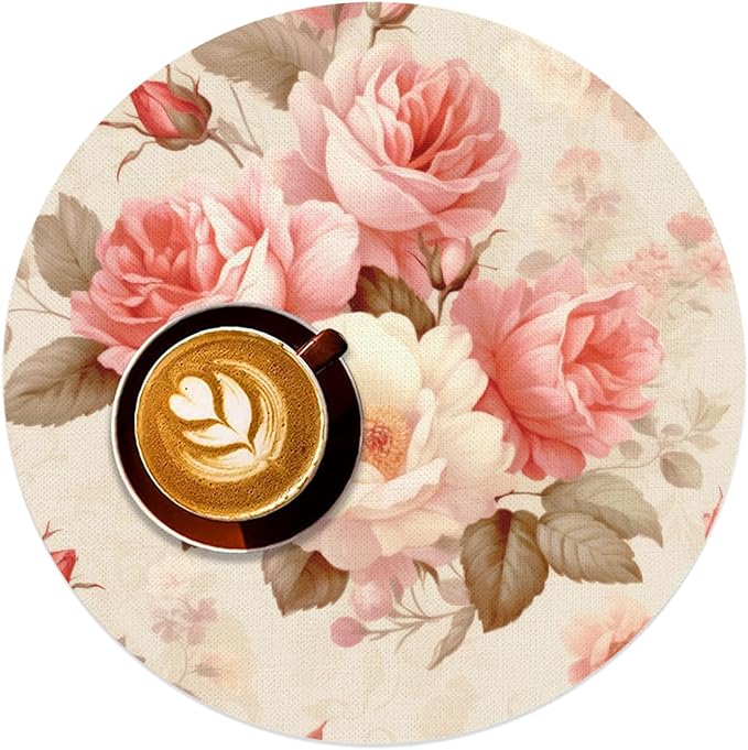 Flower Round Placemat Set of 4 Elegant Linen Table Mats for Dining, Heat Resistant, Stain Resistant Perfect for Dinner Parties, Restaurants, and Everyday Use